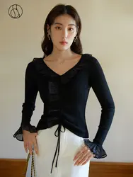 DUSHU French Style Sweet Soft Drawstring Sweater For Female Spring 2023 New Casual Black White Shirts For Women Office Lady