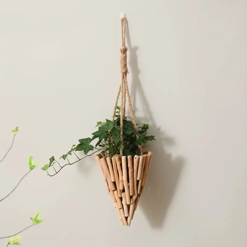 Wooden Hanging Flowerpot Branches Plant Hanging Baskets Minimalist Wall Mounted Planter Conical Shape Decorative Indoor Planters