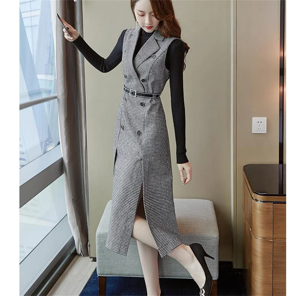 Blazer scozzese con intaglio in tweed da donna Abiti invernali doppiopetto Gilet lungo in lana Pied de poule Abito senza maniche Top con cintura divisa