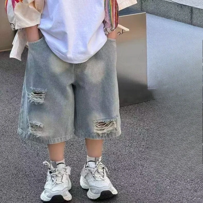 

2026 Summer New Korean Boys Fashion Versatile Simple Loose Ripped Jeans Kids Shorts Trendy, Clothing Collection
