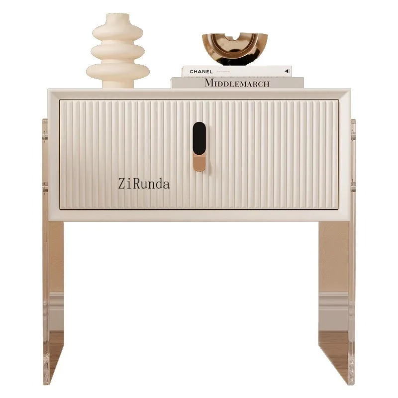 *Wood multifunctional modern bedside table with grooved drawers, metal handle, cream style, suitable for bedroom use
