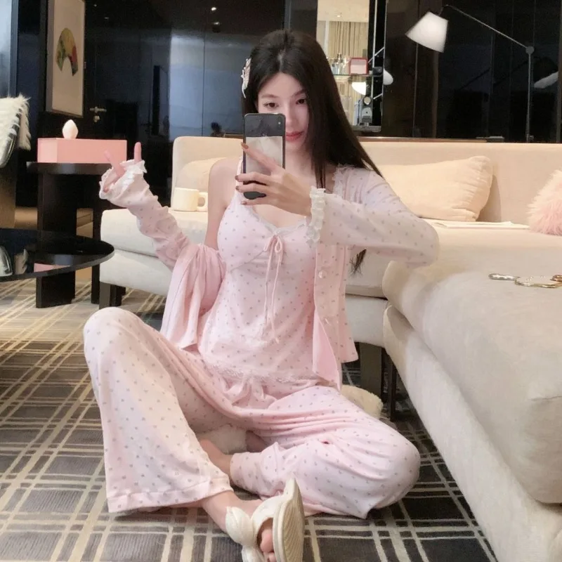 

Women's Autumn Long Sleeve Long Pants Pajama Set Chest Pads Cardigan 3 Piece Lace Trimmed Korean Style Loungewear Sweet XL Size