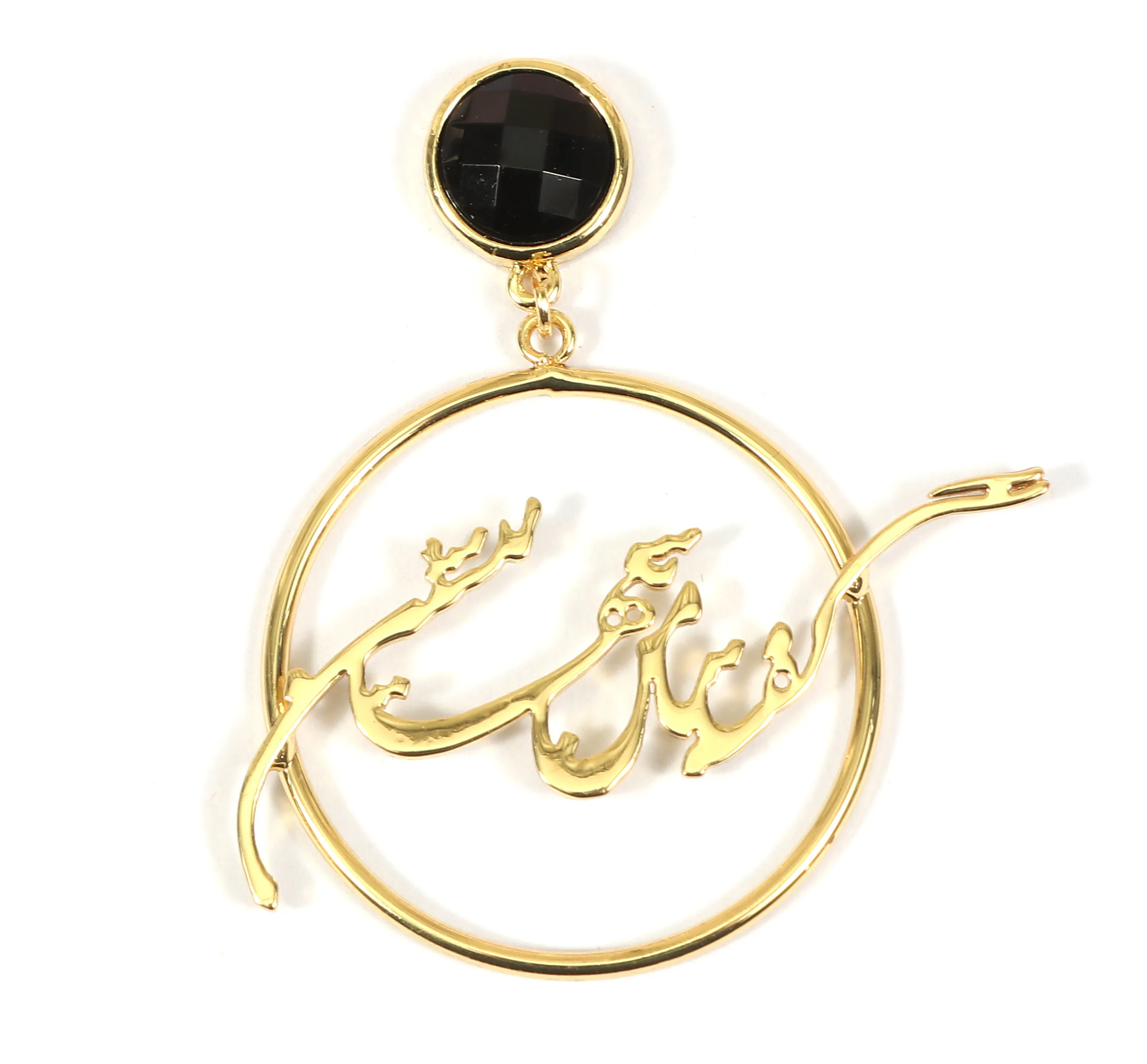 New Design Wholesale 18k Gold Plated Black Stone Arabic Names Hoop Earrings Statement Round Drop Earrings Women