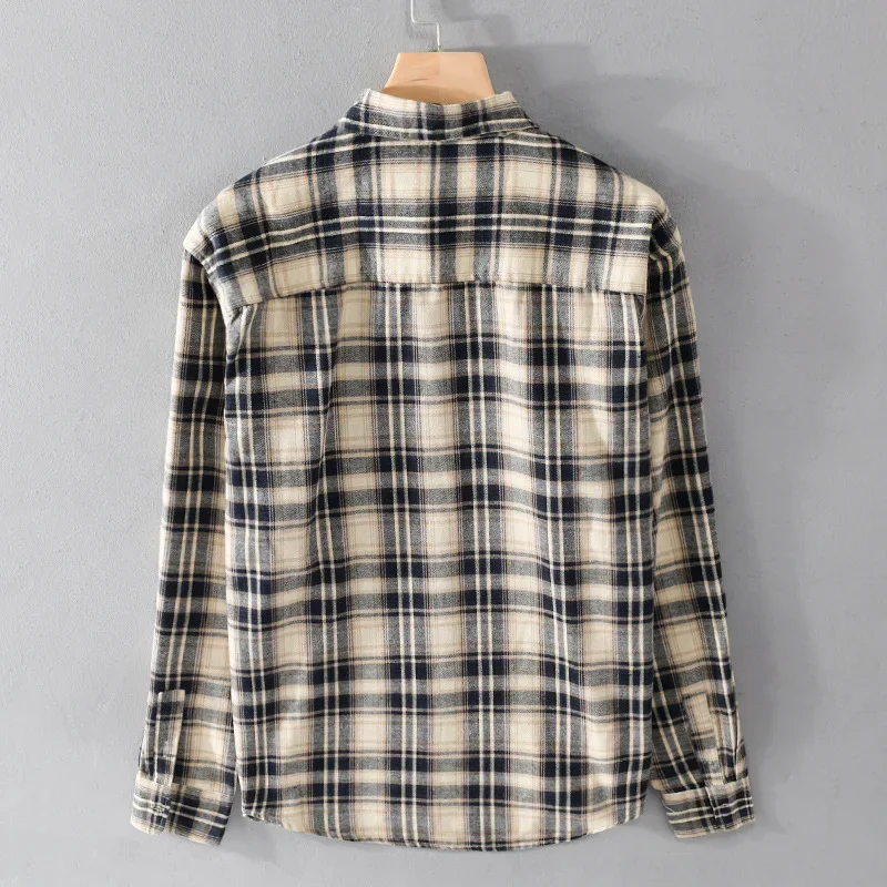 England Plaid Shirts Men Spring Fall Daily Causal Long Sleeve Shirt Man Square Collar Brushed Shirt Vintage Fashion Men's Shirts