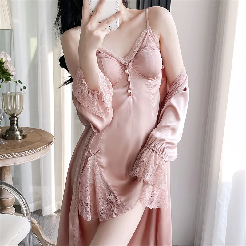 Spring Summer Silk Satin Nightwear Sexy Lace Suspender Nightgown Female Nighty&robe Set Sleepwear Bathrobe Loose Home Dress