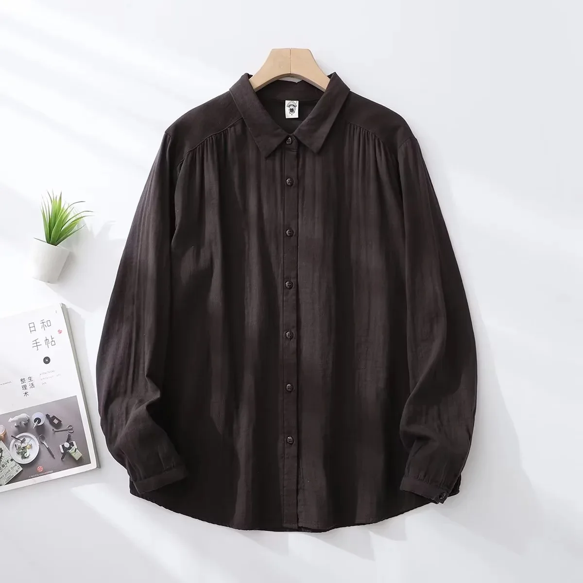 New Spring Women Double-layer Cotton Shirts Solid Full Sleeve Pleated Loose Solid Casual Soft Blouse Office Lady Work T34408X