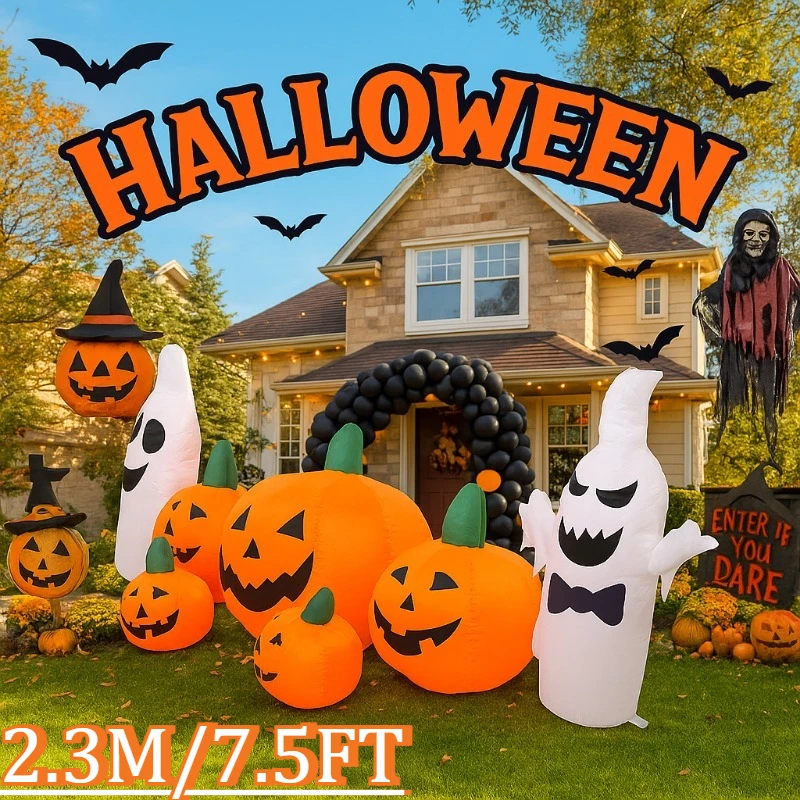 

7.5FT Halloween Holiday Lighting White Ghost Pumpkin Drink Pop Blow Up Decorations Horror Party Decor Indoor Courtyard Yard Hall