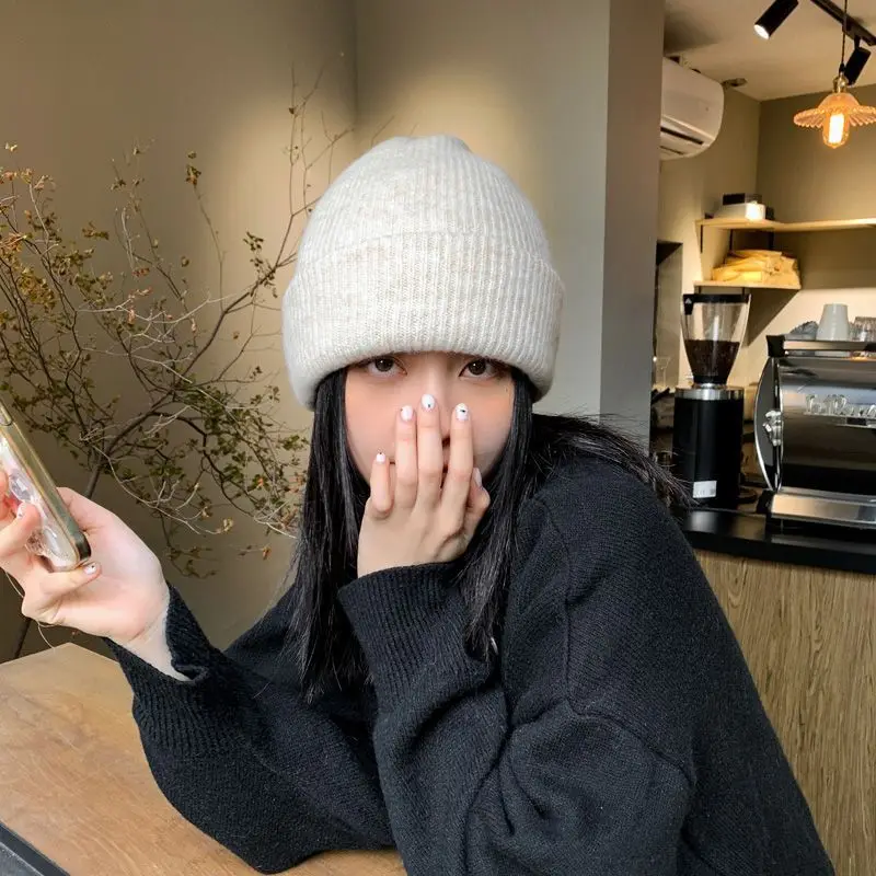 

Rabbit Fur Big Head Beanie Cap Solid Color Woolen Hats Winter Brimless men's women's Cold Hat Thick Warm Sleeve Knit Hat 4m623