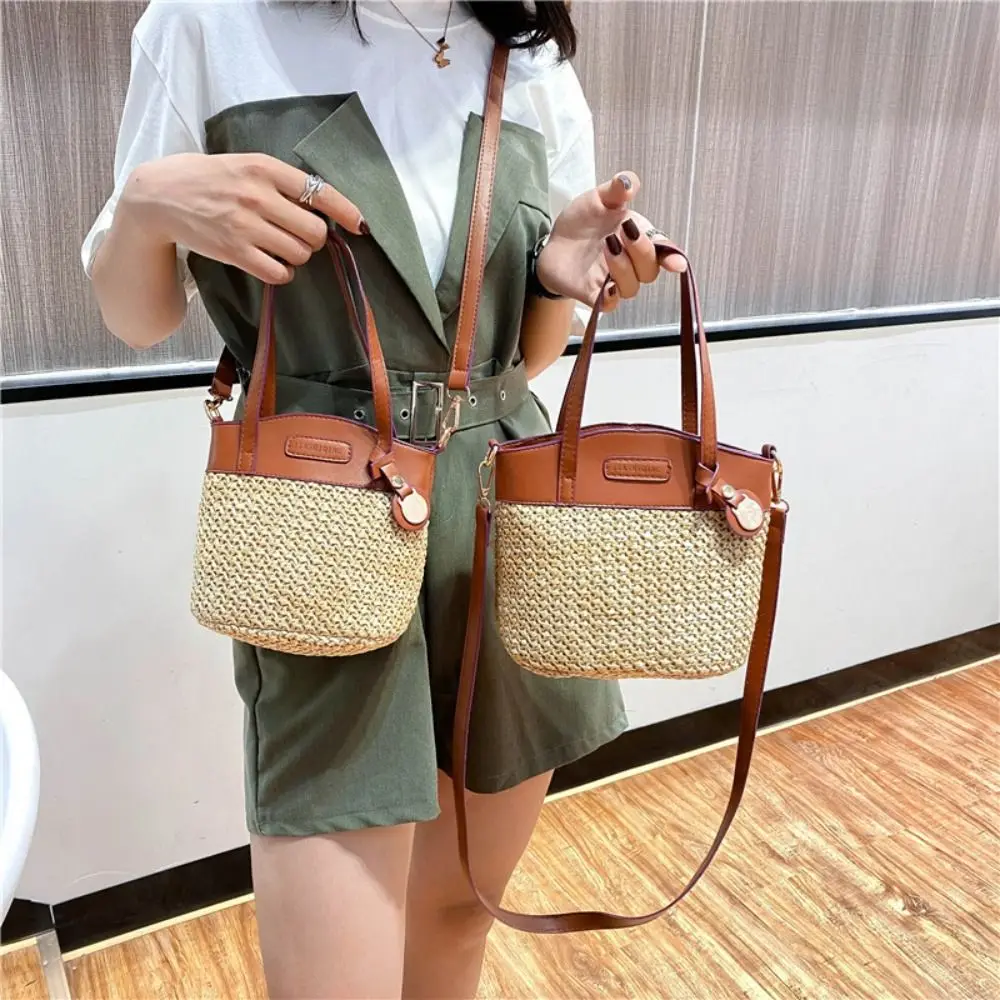 Straw Shoulder Bag New Pu Patchwork Handbags Purse Women