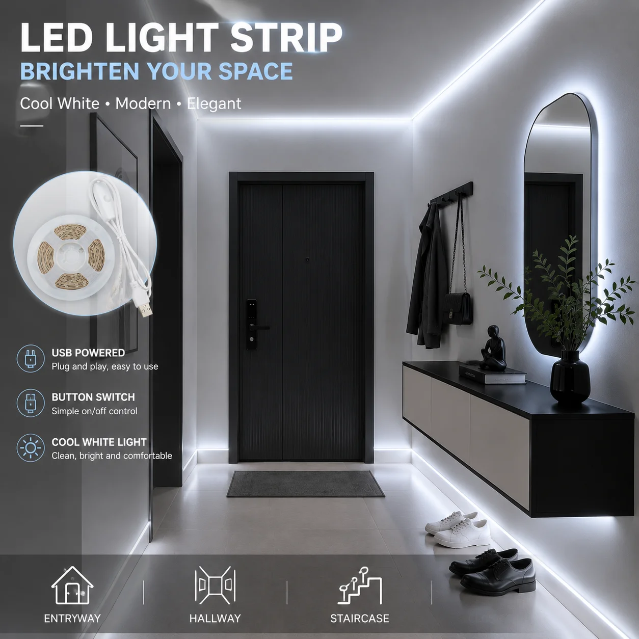 Indoor LED light strip with push-button switch, USB powered. Suitable for TV backlighting, holiday decorations, room lighting.