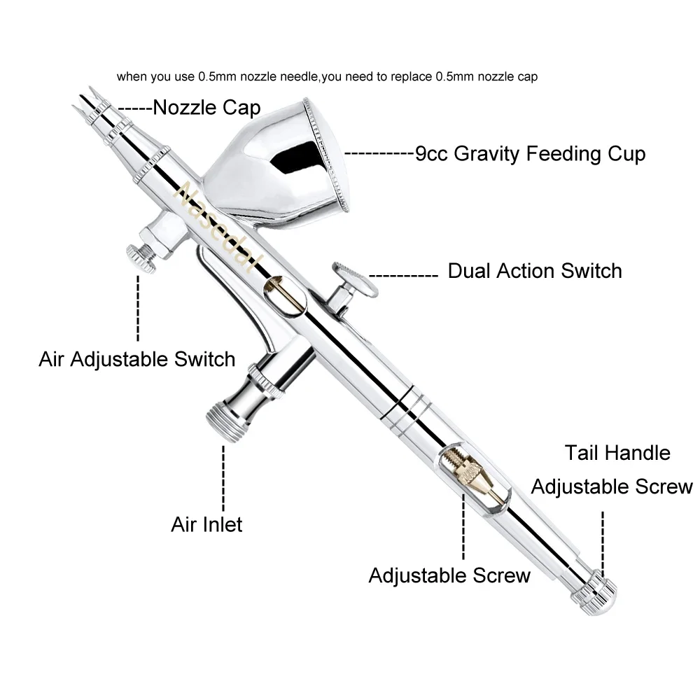 Nasedal gravidade dupla ação mini 9cc airbrush pintura pistola de pulverização de unhas conjunto de pintura de maquiagem rosto tatuagem arte diy ferramenta 0.2mm/0.3mm/0.5mm