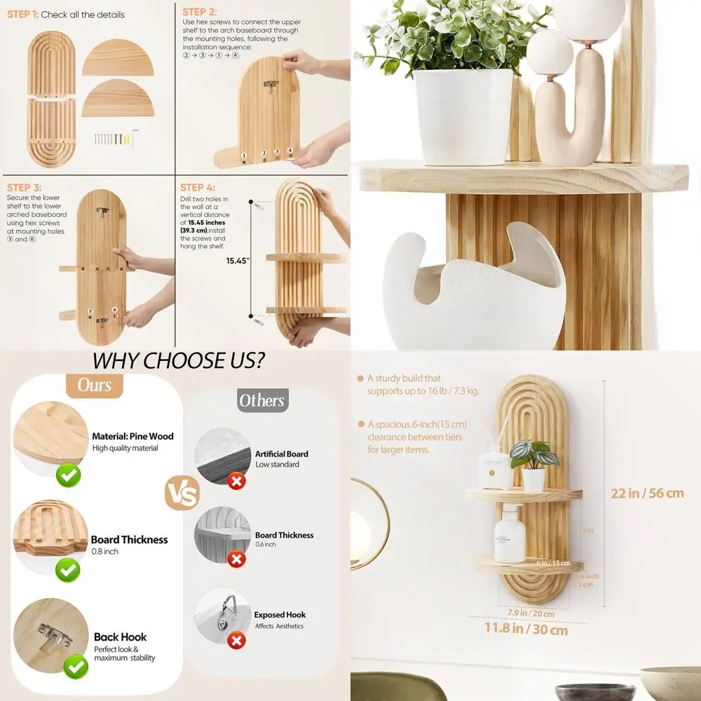 

Natural Wooden Boho Style Arched Shelf - Floating Display for Home, Bedroom, Living Room, and Office, 22 x 11.8