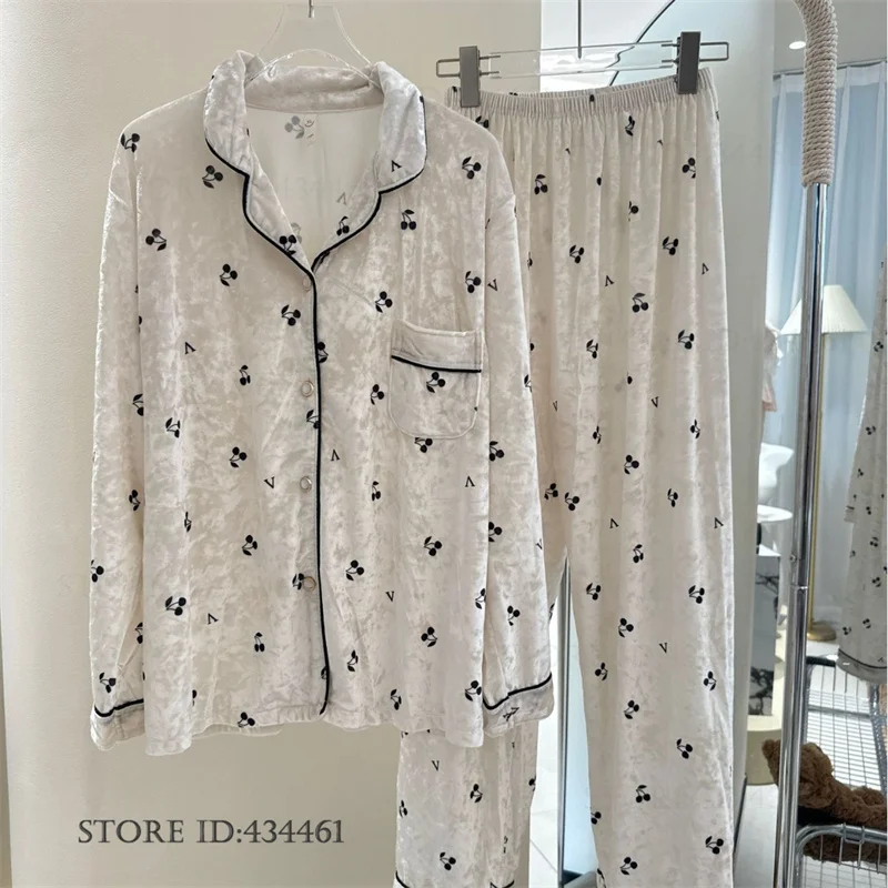 

Женский бархатный пижамный комплект из 2 предметов, брючный пижамный костюм с длинными рукавами, сексуальный принт вишни, домашняя одежда, пижама, свободная велюровая одежда для отдыха