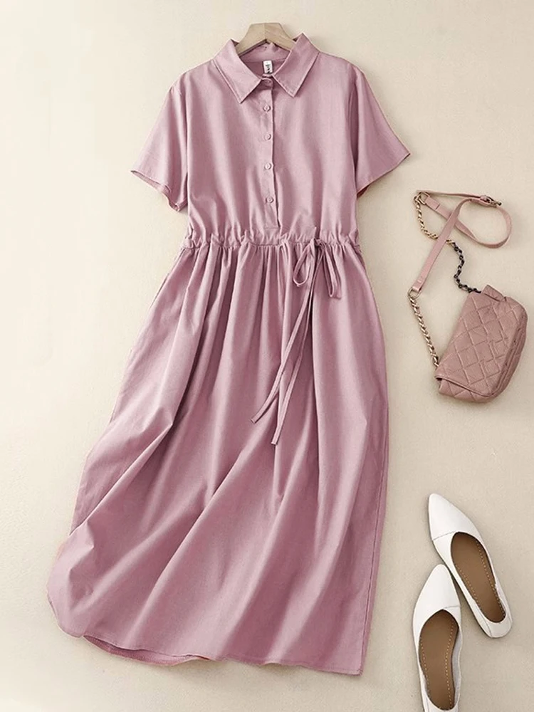 Women Solid Shirt Dress Summer Fashion Turn-down Collar Pocket Short Sleeve Midi Dresses Office Lady Lace Up Dresses Vestidos