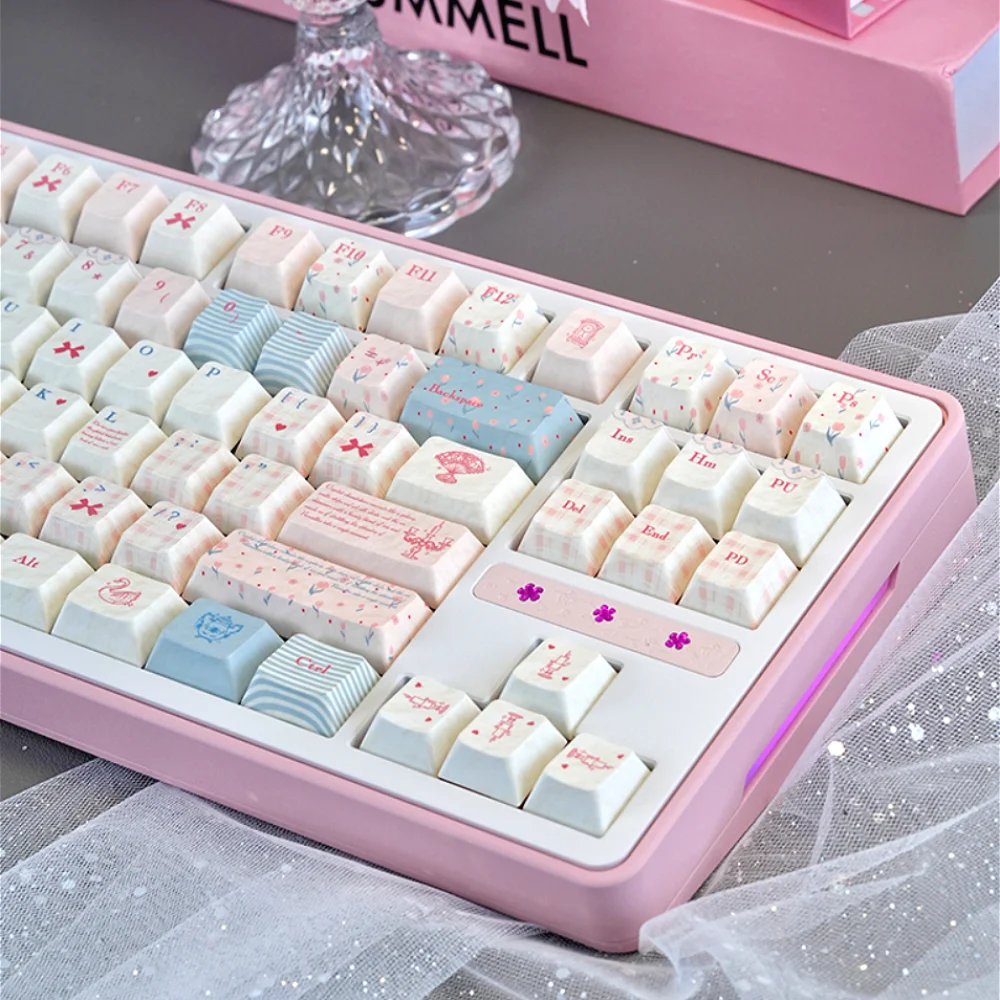

Rococo Keycap Set PBT Cherry 129 Key Girl Keyboard Keychain Compatible with 61/75/87/104/108 Mechanical Keyboards