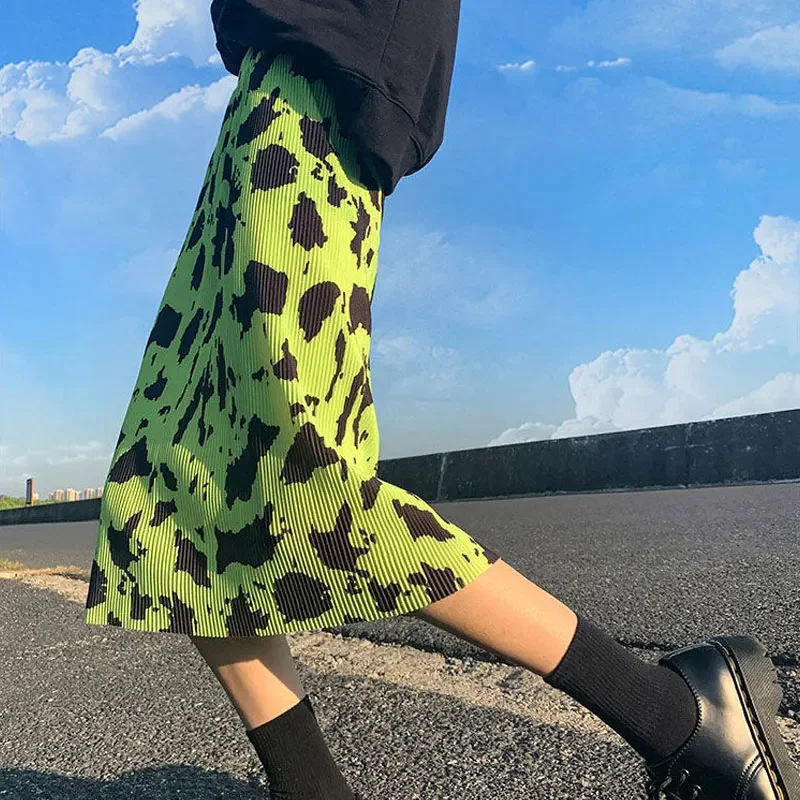 

2000s Vintage Summer Leopard Printed A-Line Skirts Korean Chic Pleated Women Casual Elastic Straight High Waist Y2k Midi Skirts