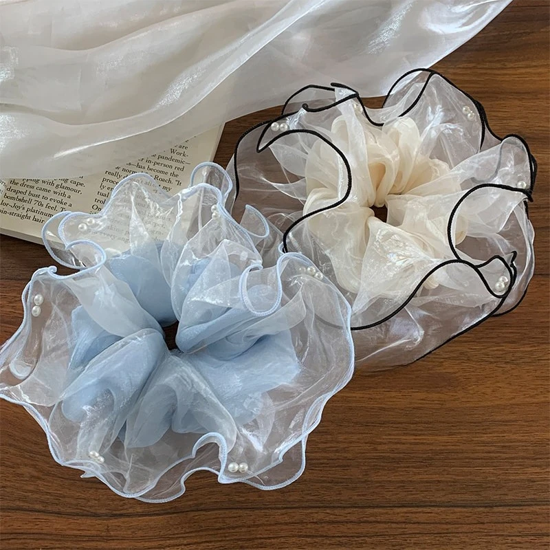 

Premium Blue Mesh Scrunchie With Faux Pearl Organza Fabric Elastic Ponytail Holder For Women Oversized Daily Elegant