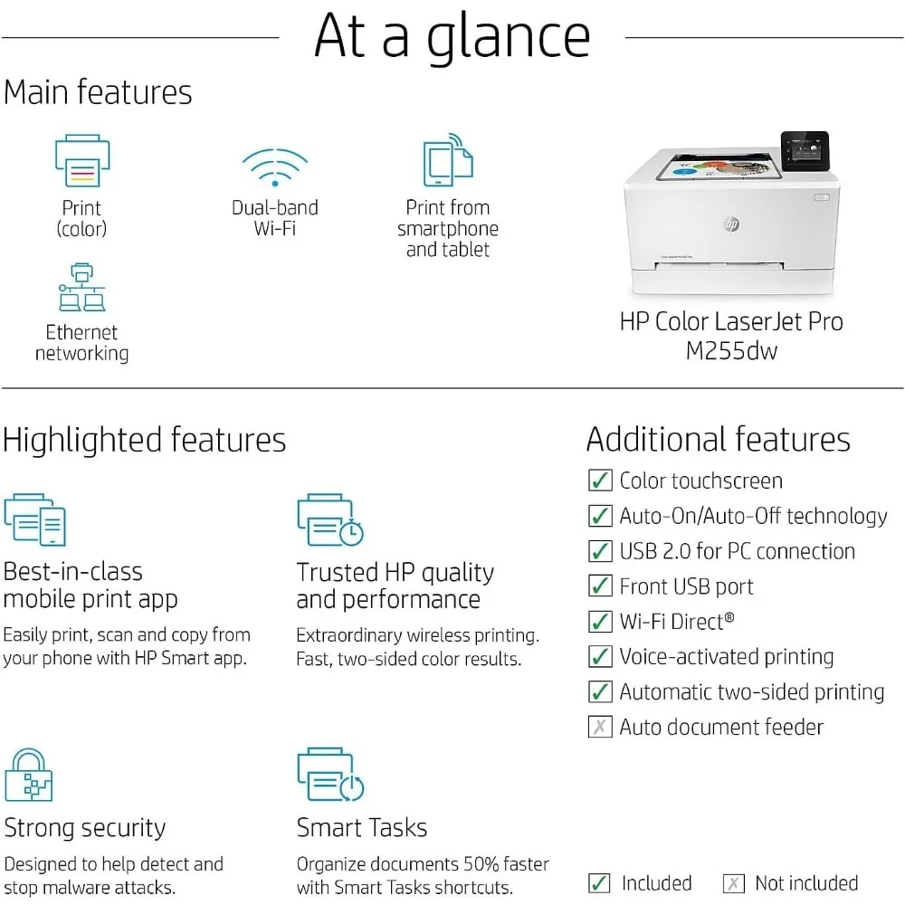 Color LaserJet Pro เครื่องพิมพ์เลเซอร์ไร้สาย M255dw เครื่องพิมพ์มือถือระยะไกลการพิมพ์สองด้านทำงานร่วมกับ Alexa (7KW64A) สีขาว