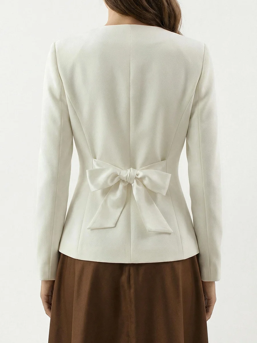 LIMO Collarless Open Front Satin Bow Tie Waist Slim Fit Long Sleeve Blazer Jacket