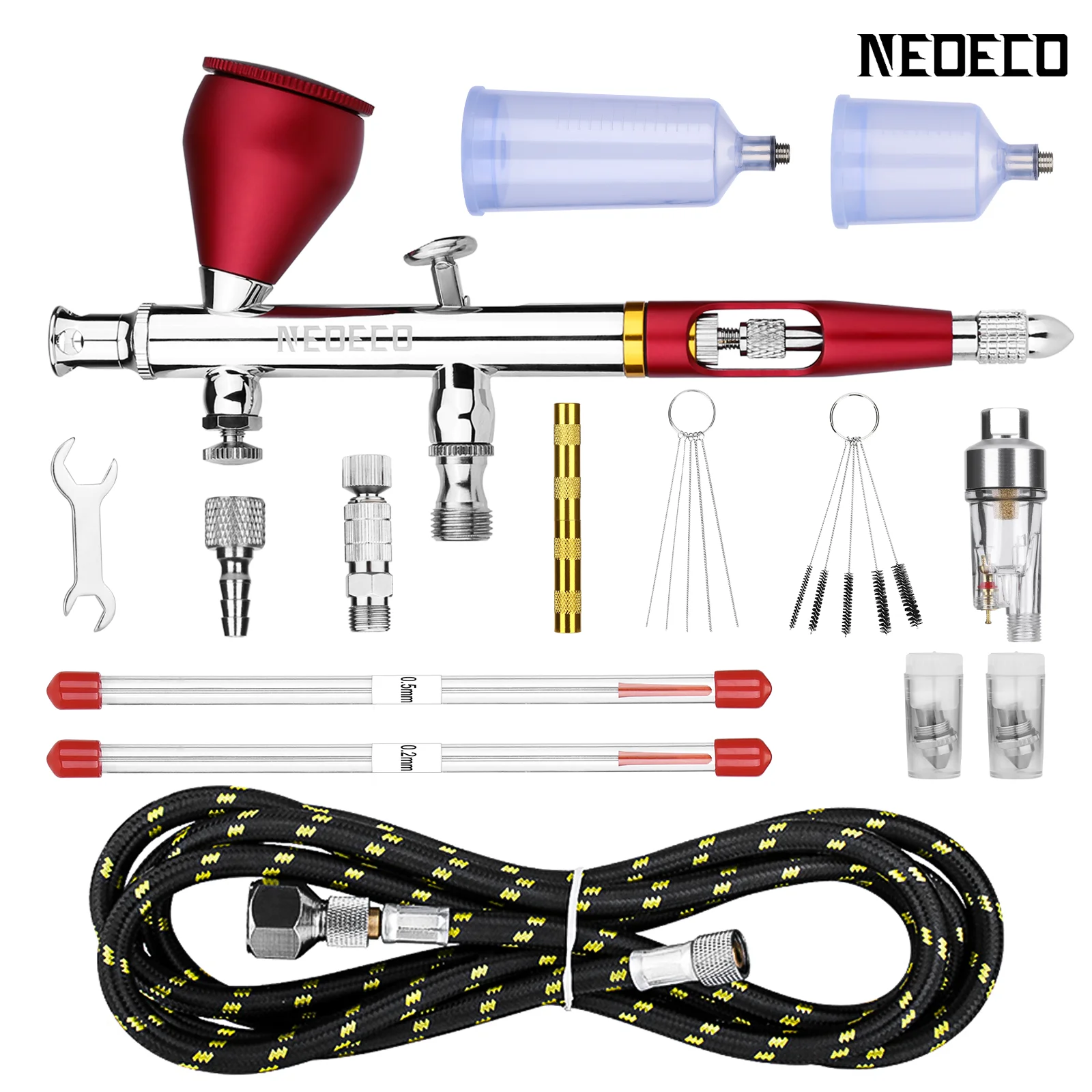 NEOECO NCT-SJ83RS1 Dual Action Airbrush 9cc 1/3 oz vloeistofbekers snel verwijderen luchtkap mondstuk zwaartekrachttoevoer met accessoires