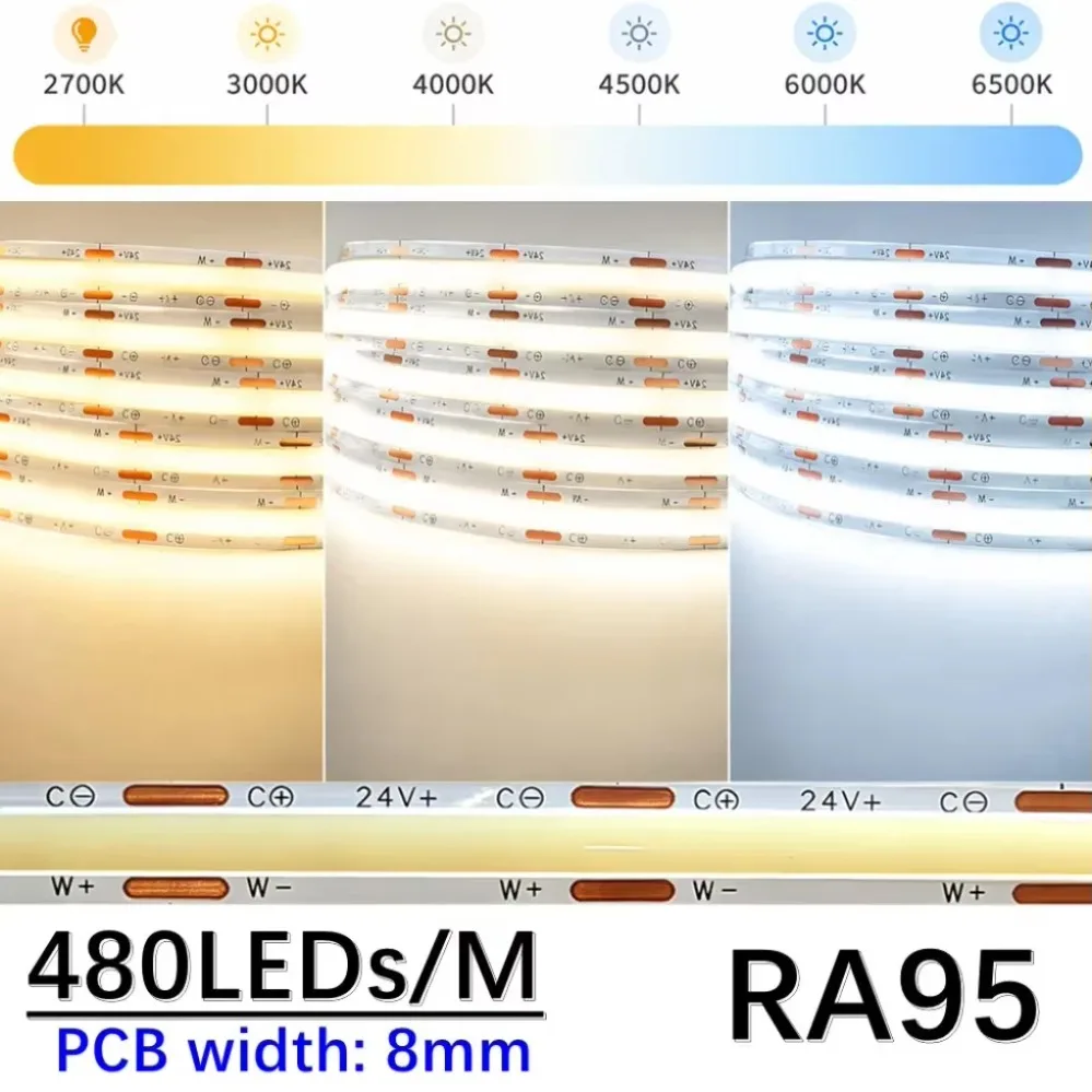 DC24V 10mm COB LED Strip 480LEDs/m 5m-40m CCT Dimmable 2700K-6500K with Tuya Zigbee LED Power Transformer for DIY Decor Lighting
