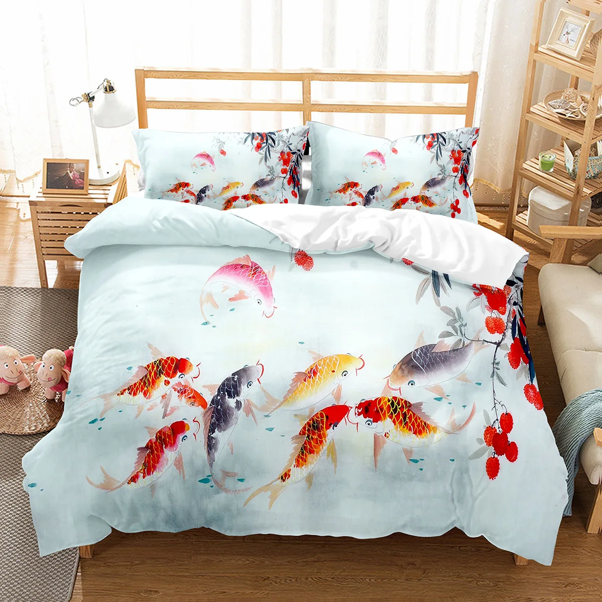 Fish Duvet Cover Set Koi Carp Pattern Polyester Comforter Cover King Queen Full Size for Kids Teens Bedding Set with Pillowcase