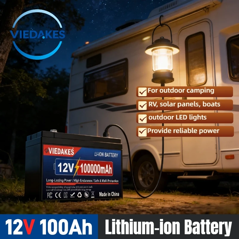 

Portable 12v lifepo4 battery 100Ah Rechargeable Lithium Ion Battery for RV Solar Camping Emergency Power Supply