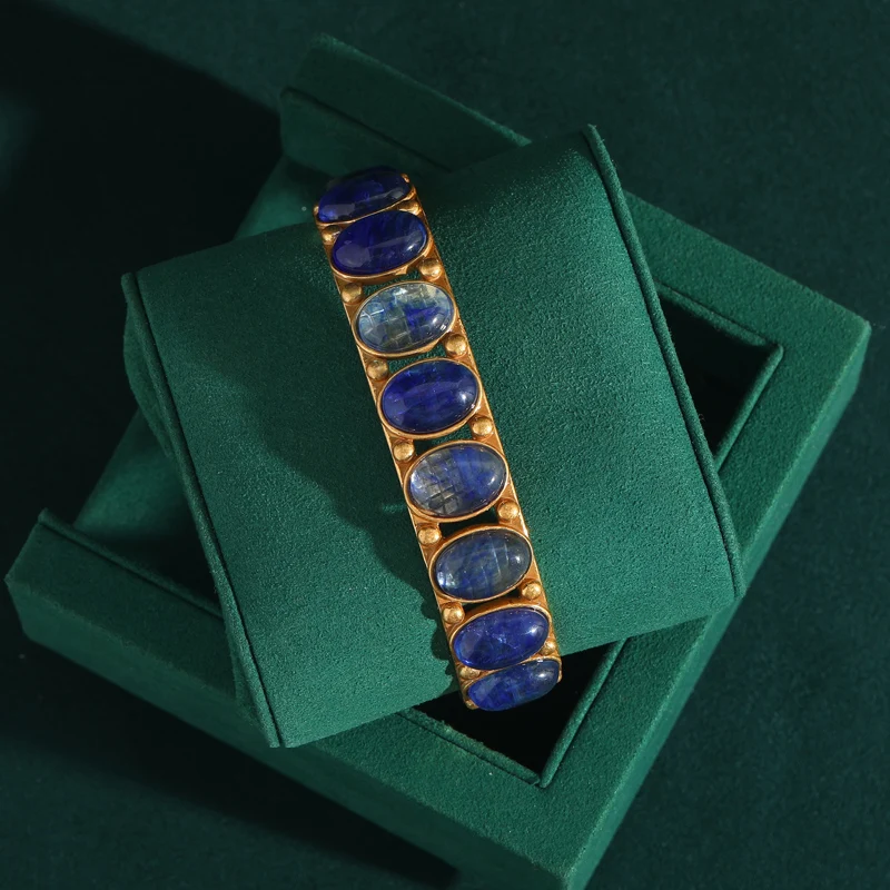 

Vintage Jewelry Open Blue Opal Bracelet Bangles With Designer Charms Gold Color Luxury Accessories Antique Valentine Day Gift
