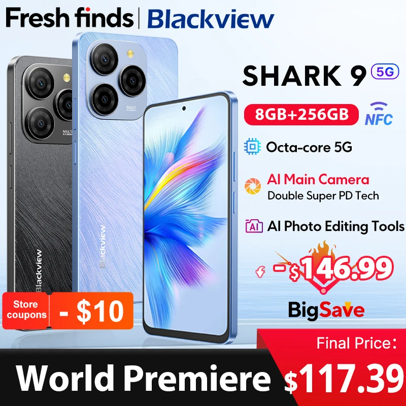 【World premiere】Blackview SHARK 9 5G Smartphone 6.67'' HD+ IPS 90Hz Display NFC 50MP AI Main Camera GPS Android 14 Mobile Phone