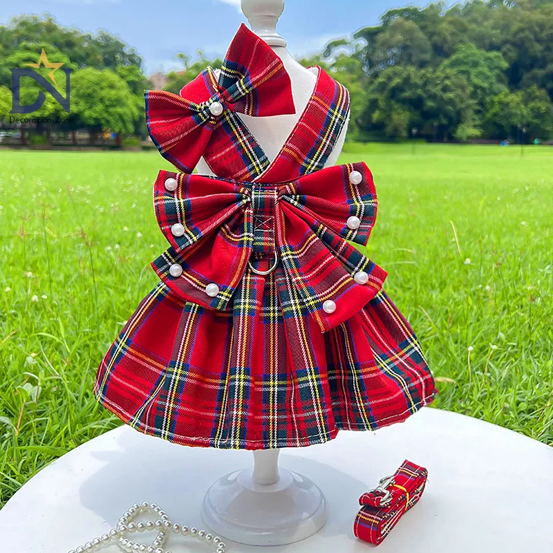 Stylish and Comfortable Bowknot JK Pet Dress; Includes Matching Harness and Leash Set; Perfect for Cats and Dogs at Parties