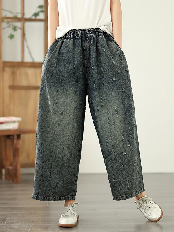 

Artistic Faded Hole Wide Leg Jeans Women's Summer New Slimming Versatile Elastic Waist Straight Nine Point Pants