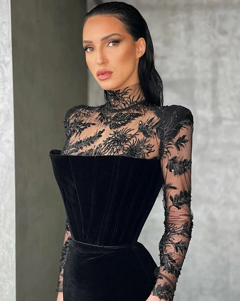 Pretty High Collar High Fork Dresses For Women 2023 New Fashion Vintage Asymmetrical Black Dresses Elegant High Evening Dresses