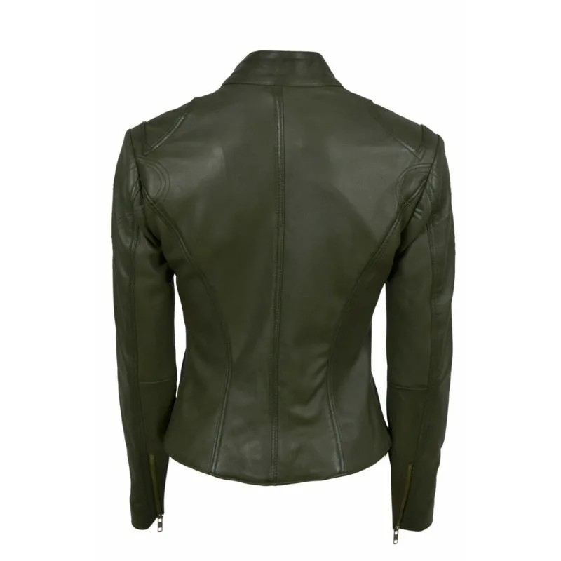 NEW Women's Lambskin Real Leather Jacket Biker Green Slim Fit Golden Zipper Coat