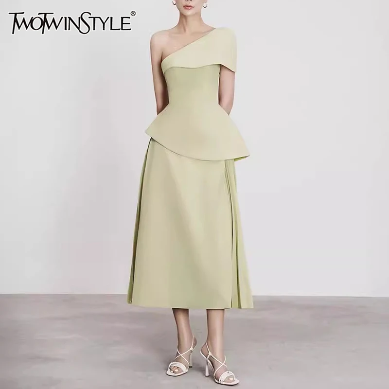 TWOTWINSTYLE Solid Slimming Two Piece Set For Women Diagonal Collar Sleeveless Top High Waist Skirt Elegant Sets Female