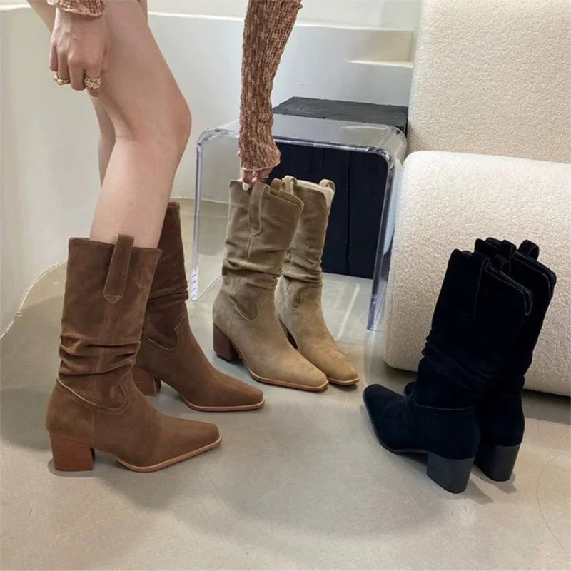 2024 Autumn New Fashionable High Heel Boots for Women Pointed Thick Heel Elastic Large Barrel Waist High Barrel Knight Boots