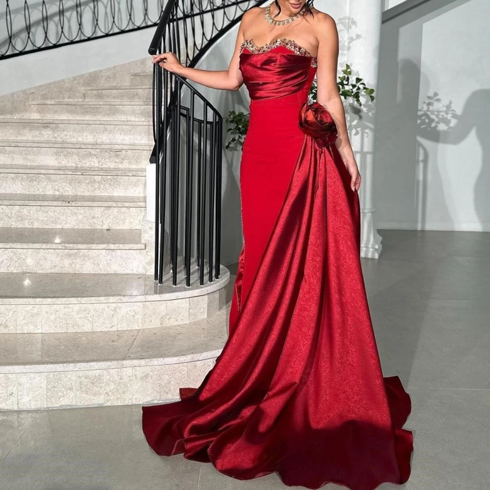 

Red Sweetheart Evening Dress Straight Floor Length with Side Sweep Train Women Customized Party Banquet فساتين للمناسبات الخاصة