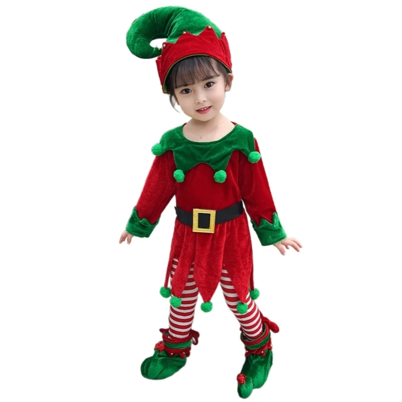 2025 New Kid Christmas Dwarf Outfit Including Elf Suit Costume Elf Hat and Shoe Covers Set for Boy Girl Birthday Christmas Party