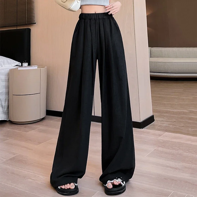 Pantalones de pierna ancha rectos suaves de Color liso para Mujer, pantalones holgados coreanos elegantes con cintura elástica, pantalones largos holgados que combinan con todo para Mujer