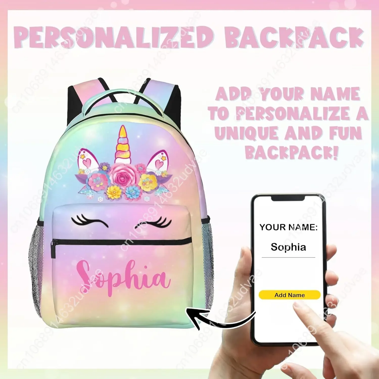 Personalized Backpack for Girls Boys, Custom Backpacks with Name for Kids, Customized Unicorn School Bookbag for Back to School