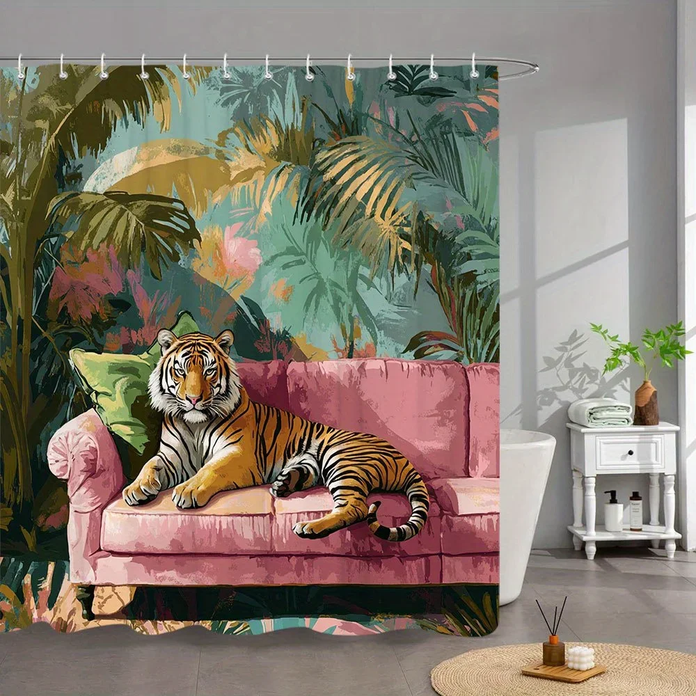 1pc Bengal Tiger Shower Curtain - Vibrant Tropical Jungle Design with Pink Sofa, Tropical Leaves & Flowers, Semi-Realistic Style