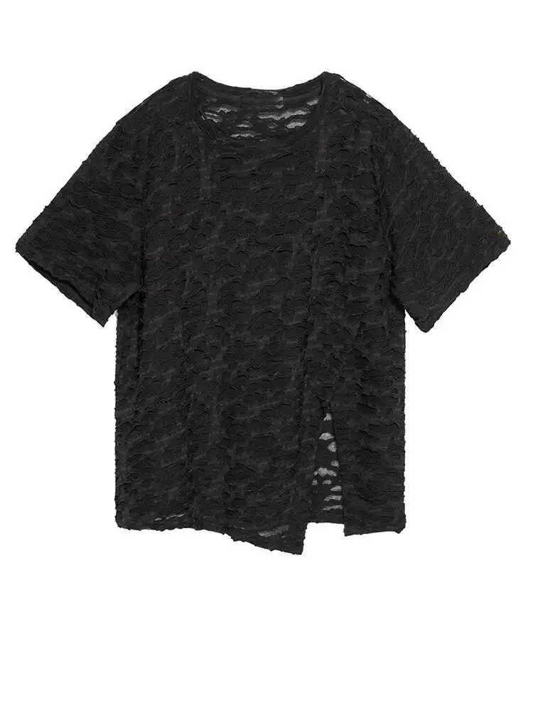 Black Lace Women Hollow Out Slit Irregular T-shirt New Round Neck Short Sleeve Fashion Spring Summer 2026 Z6MO
