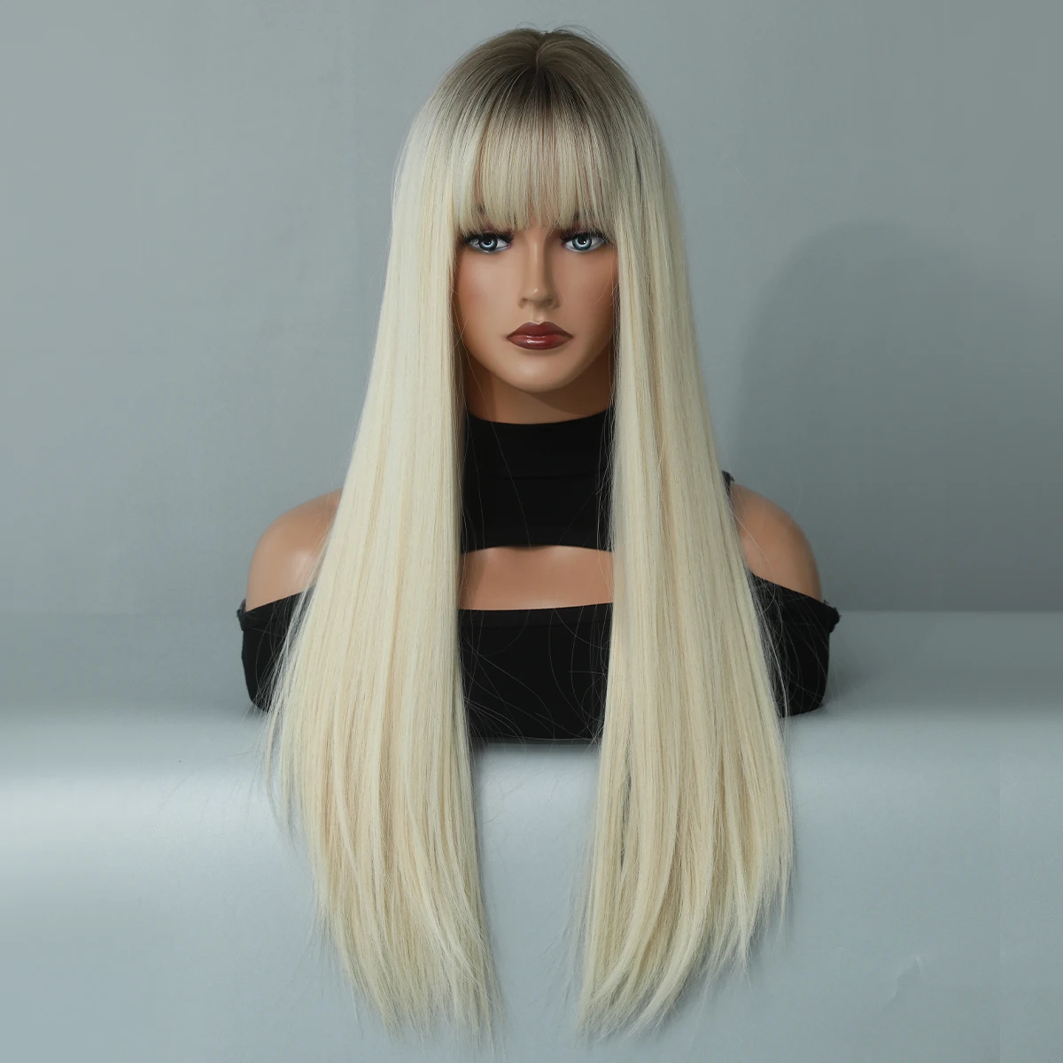 Long Straight Wavy Wig with Bangs Natural Blond Hair for Daily Cosplay Party Heat Resistant Fiber Synthetic Wigs for Women Wig