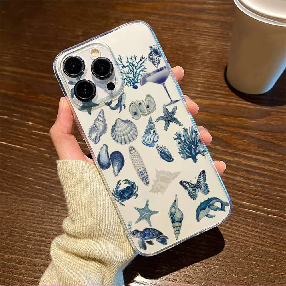 1pc Ocean Life Phone Case Transparent For IPhone 17 16 15 14 13 12 11 PRO MAX PLUS Mini Soft Skin-friendly Cover