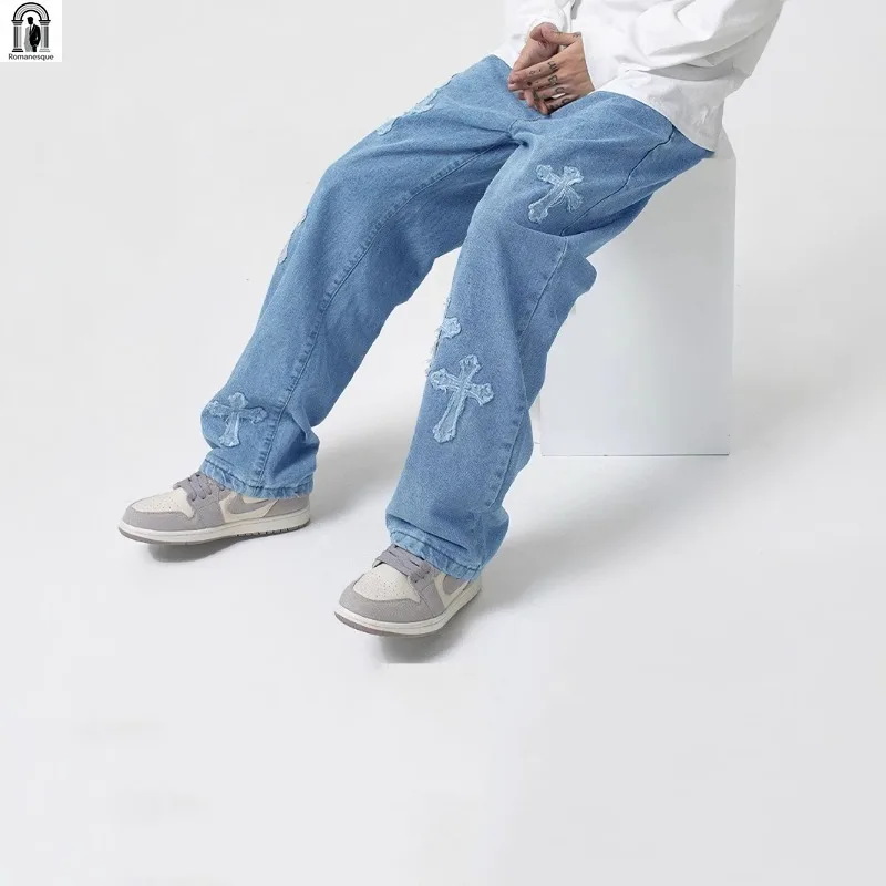 

New Arrival Men Hip Hop Cross Jeans Fashion High Street Stylish Loose Straight Baggy Wide Leg Denim Pants Men's Trousers