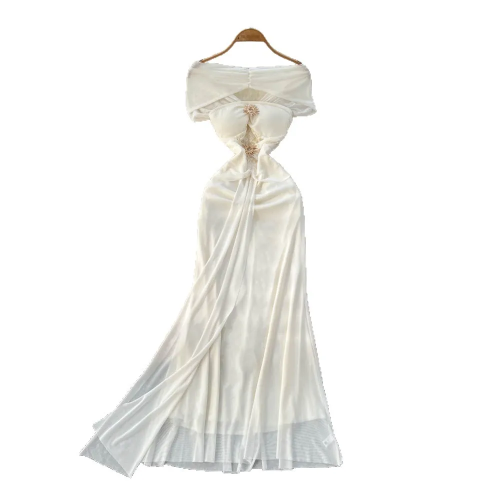 فساتين نسائية صد الصلبة ألف خط فستان شبكي طول الكاحل مائل الرقبة الخصر حزام مشبك معدني سليم صالح حفلة أنيقة 2025 الصيف #5