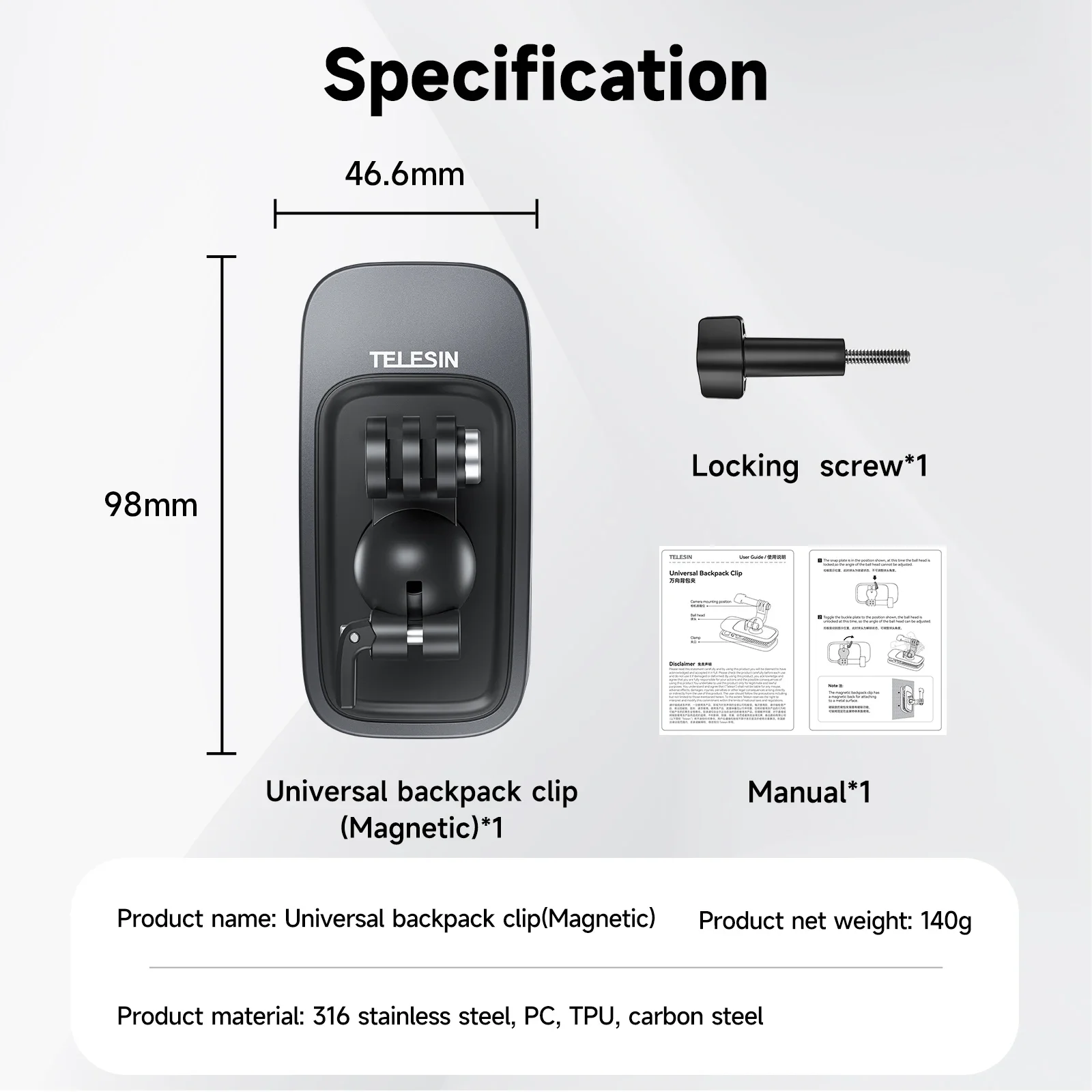 TELESIN Magnetic Swivel Clip for GoPro Hero 13 12 11 10 9 8 7 Insta360 DJI Action 5 4 3 Magnetic Base 360 Rotation Backpack Clip