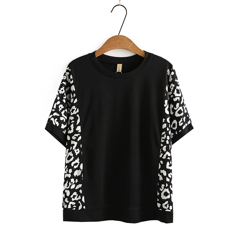 Kaus ukuran besar musim panas wanita, atasan ukuran besar lengan pendek longgar hitam katun motif macan tutul 3XL 4XL 5XL 6XL 2022