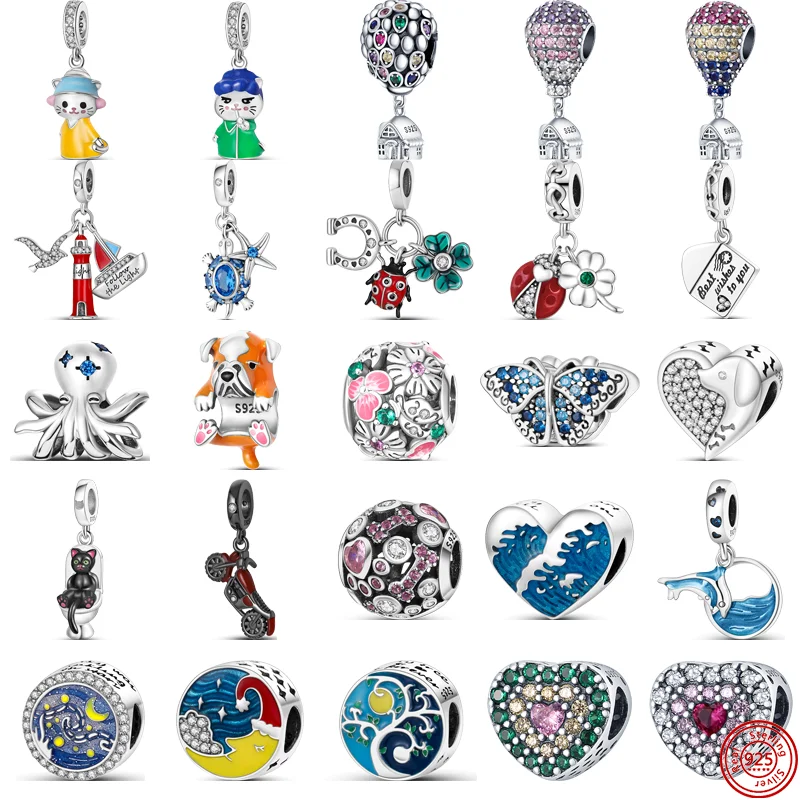 

New 925 Silver Hot Air Balloon House Night Sky Clover Pavé Heart Sparkling Beads Fit Original Pandora Charm Bracelet DIY Jewelry