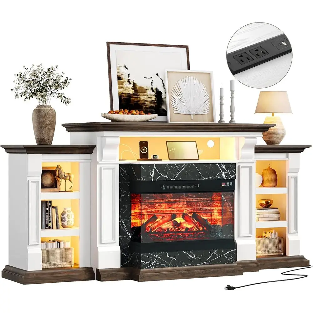 

72 Modern TV Stand with Glass Fireplace, 80 TV Capacity, Electric Heater for Living Room