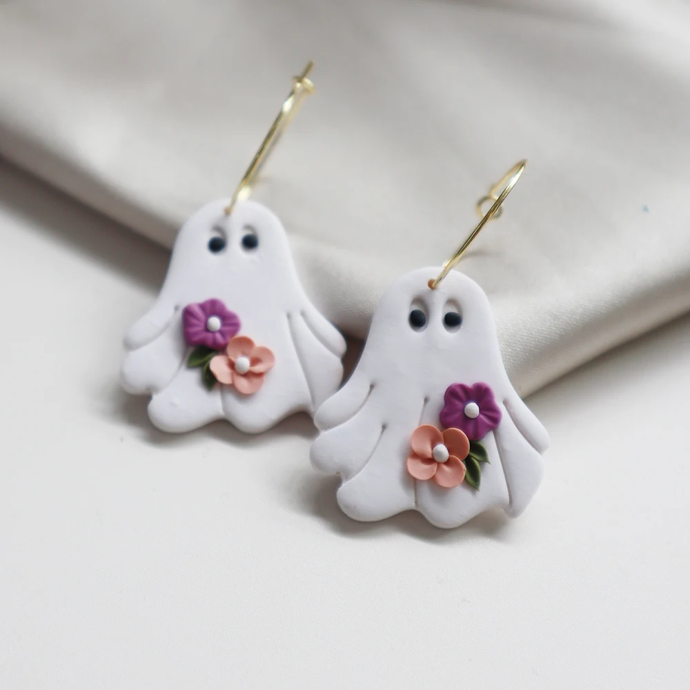 2025 New Fashion Halloween Ghost Flowers Hoops Earring Trendy Ghost Hoop Earrings Polymer Clay Pendant Earrings Jewelry Gifts